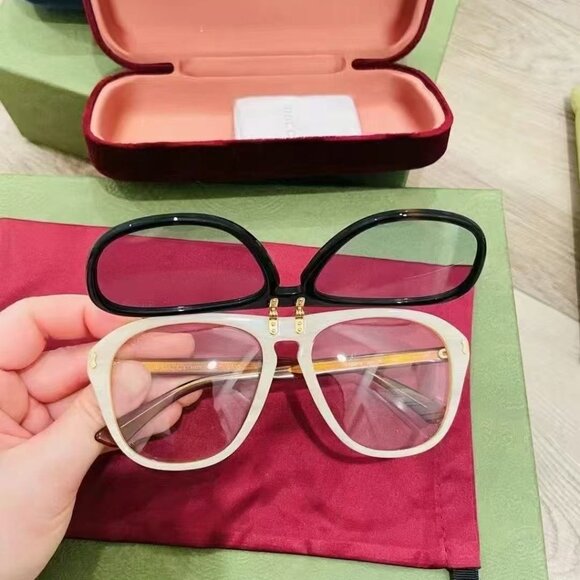 NIB Authentic GUCCI Horn Black Blue Clip Retro Aviator Sunglasses - Picture 5 of 7